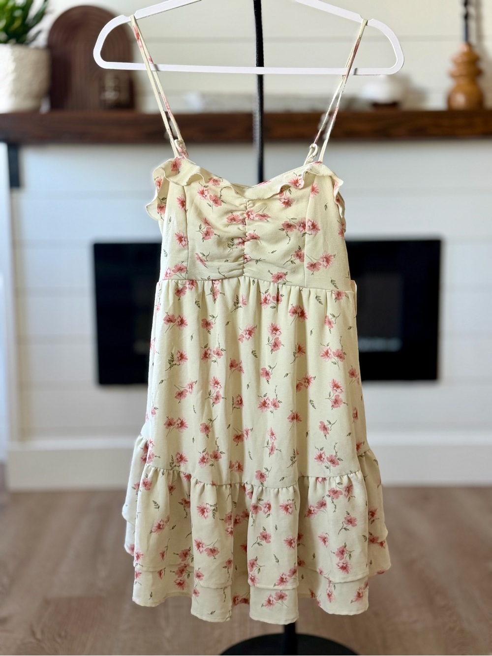 Altar'd State Pale Yellow Mini Dress with Pink Floral Print